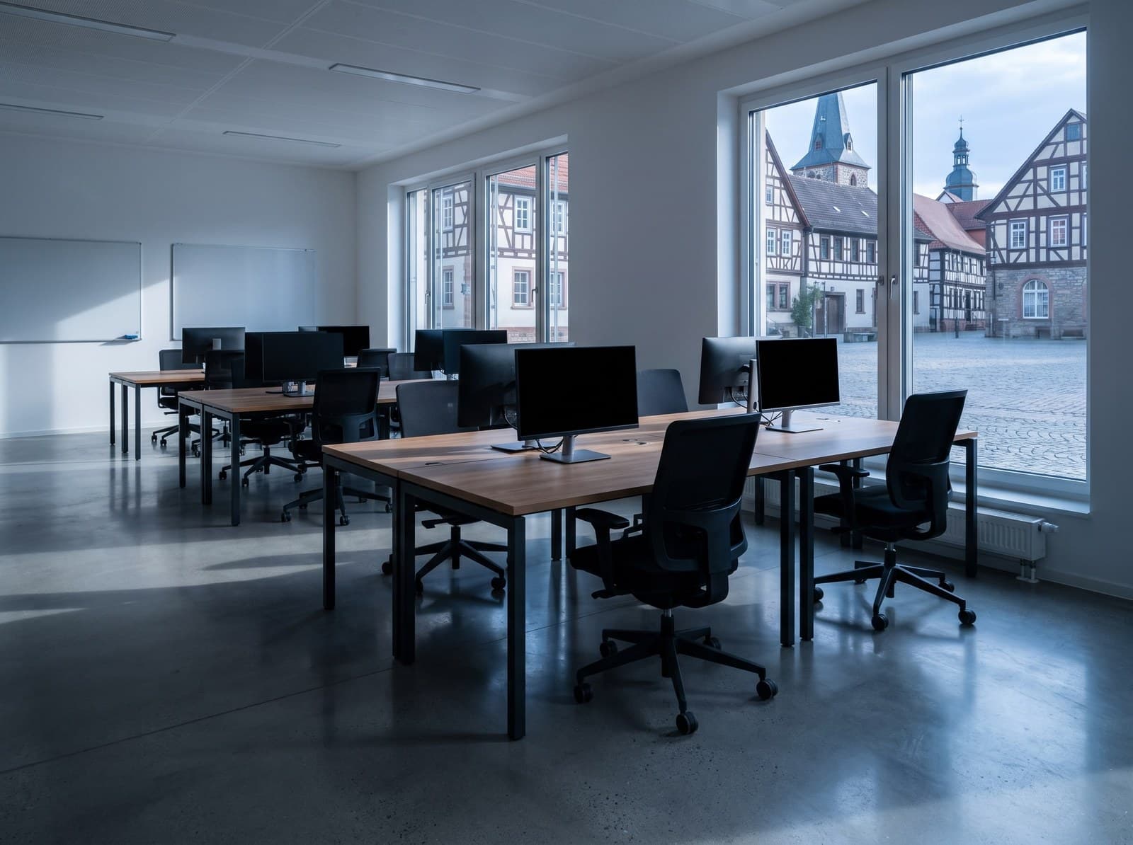 Aufgeräumtes Büro mit Schreibtischen, Bildschirmen und Blick auf Fachwerkhäuser